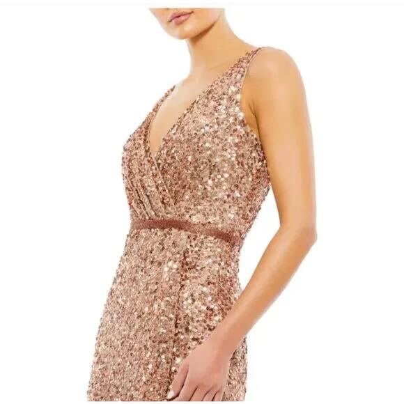 Mac Duggal 5539 High Slit Skirt V-Neck Dress Sequined Wrap Gown Copper Size 4 - Picture 3 of 16